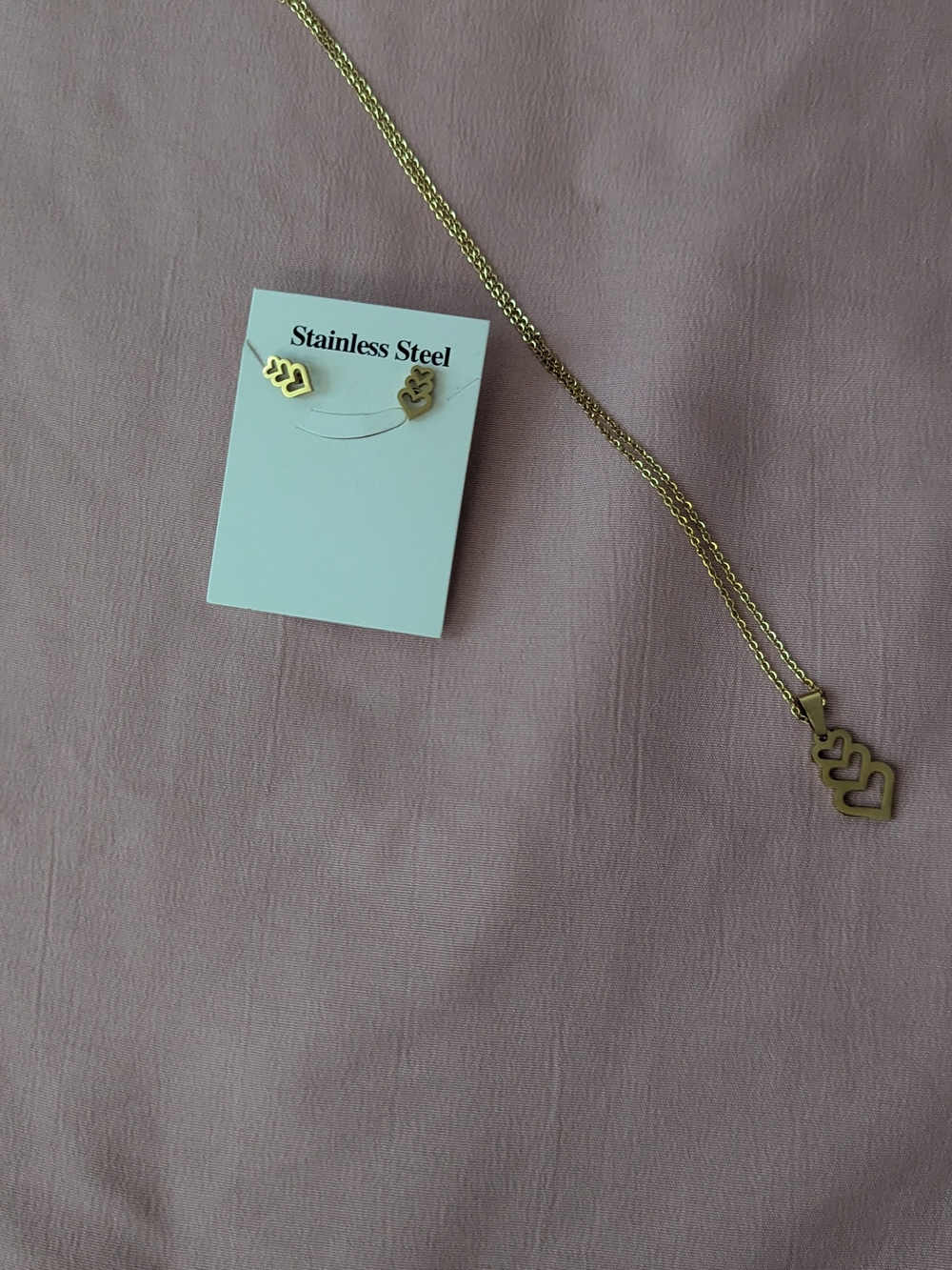 Gold Heart Trio Necklace and Earrings Set - Stainless Steel